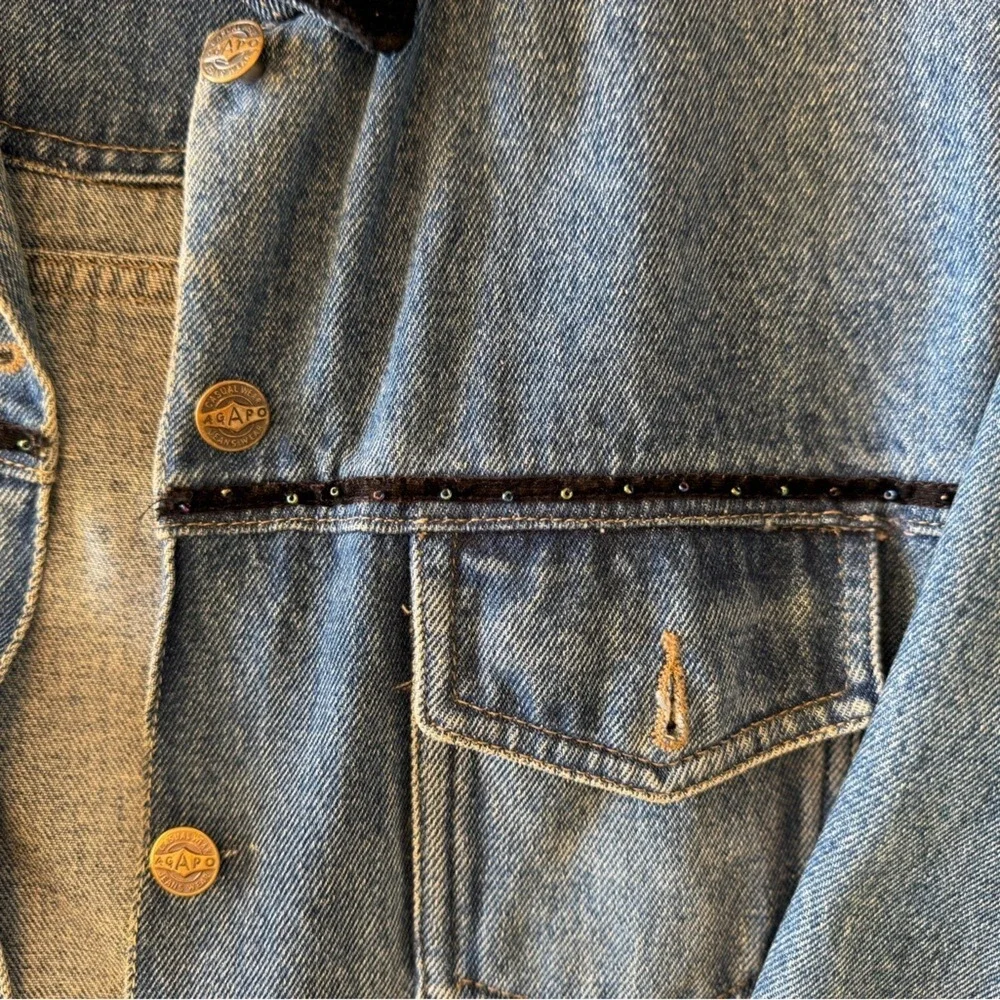Vintage‎ 90s Western Denim Jacket Women's L Gold Ribbon Velvet Trim